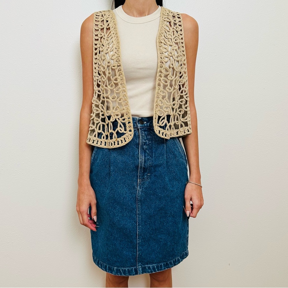 Vintage Classic Pencil Denim Skirt Front Pleated Knee Length - Picture 2 of 8